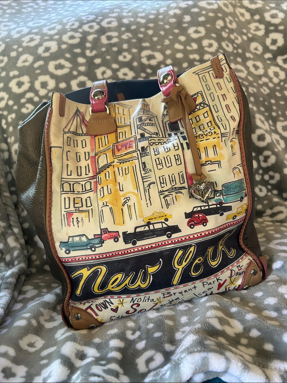 Brighton New York City Print Messenger Bag in Cream, Brown and Pink